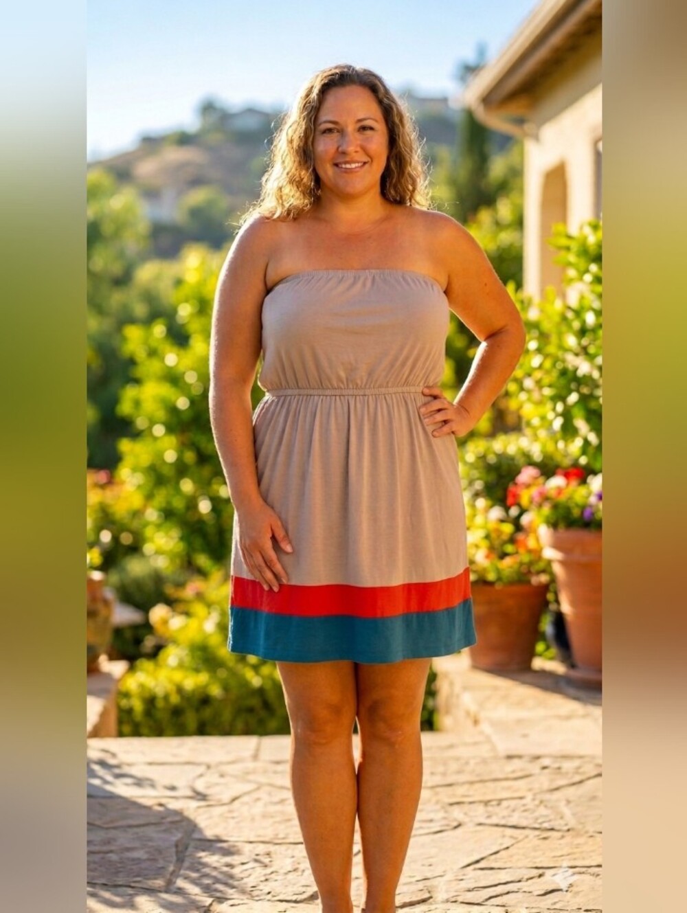 Large Strapless Beige Dress with Red and Teal Bands